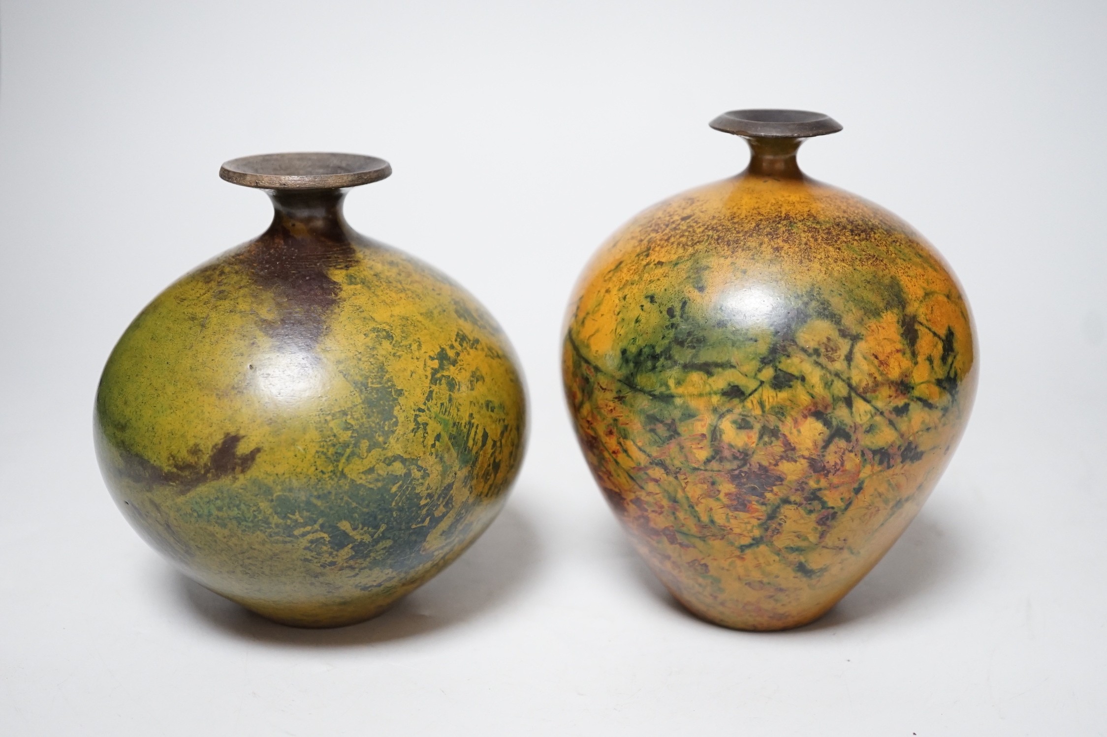 Andrew Hill, two studio pottery raku vases, tallest 14cm